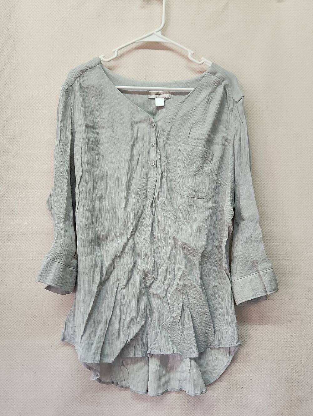 CJ Banks Light Gray Crinkle Henley Blouse